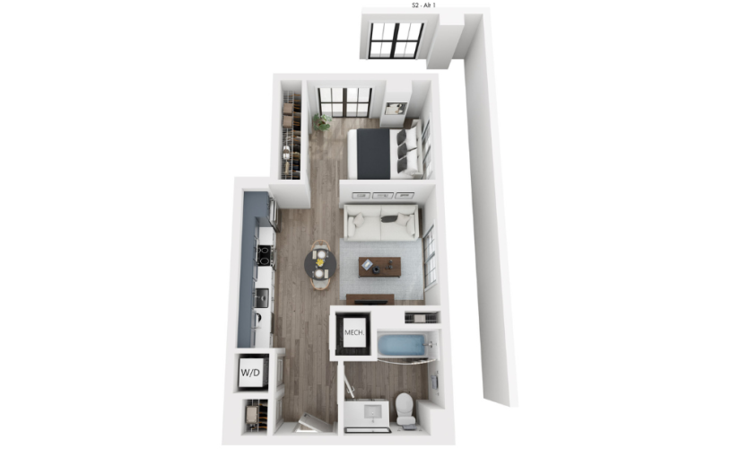 S2 - Studio floorplan layout with 1 bathroom and 492 square feet