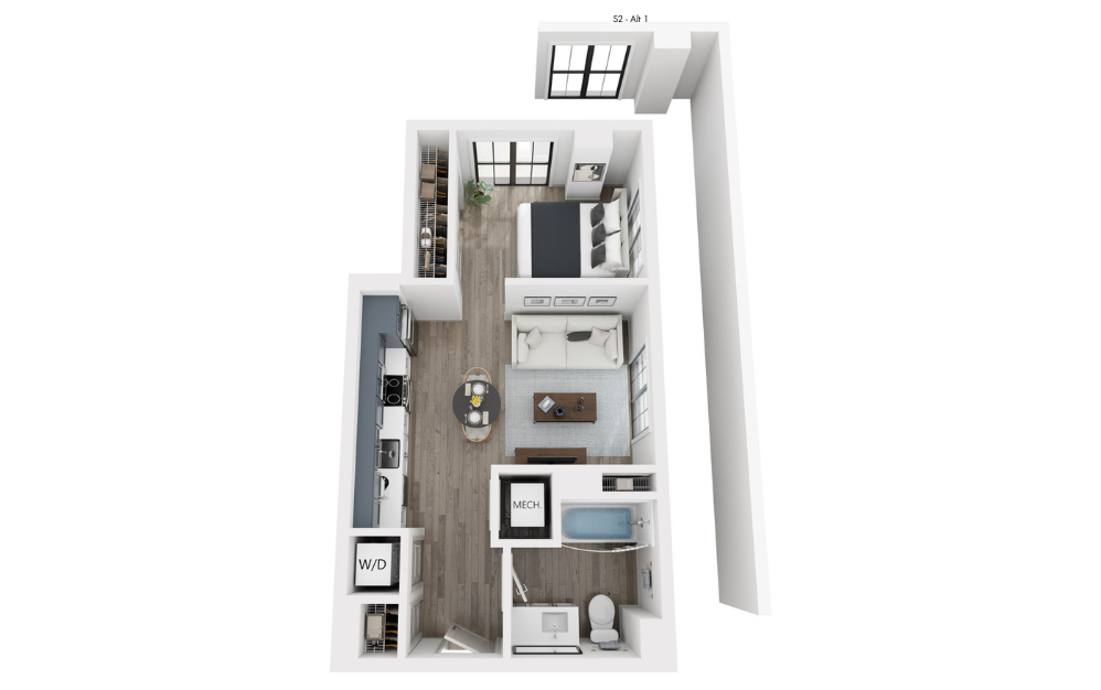 S2 - Studio floorplan layout with 1 bathroom and 492 square feet (3D)