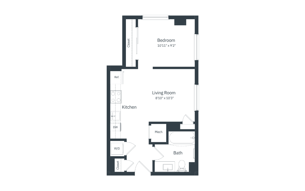S2 - Studio floorplan layout with 1 bathroom and 492 square feet (2D)